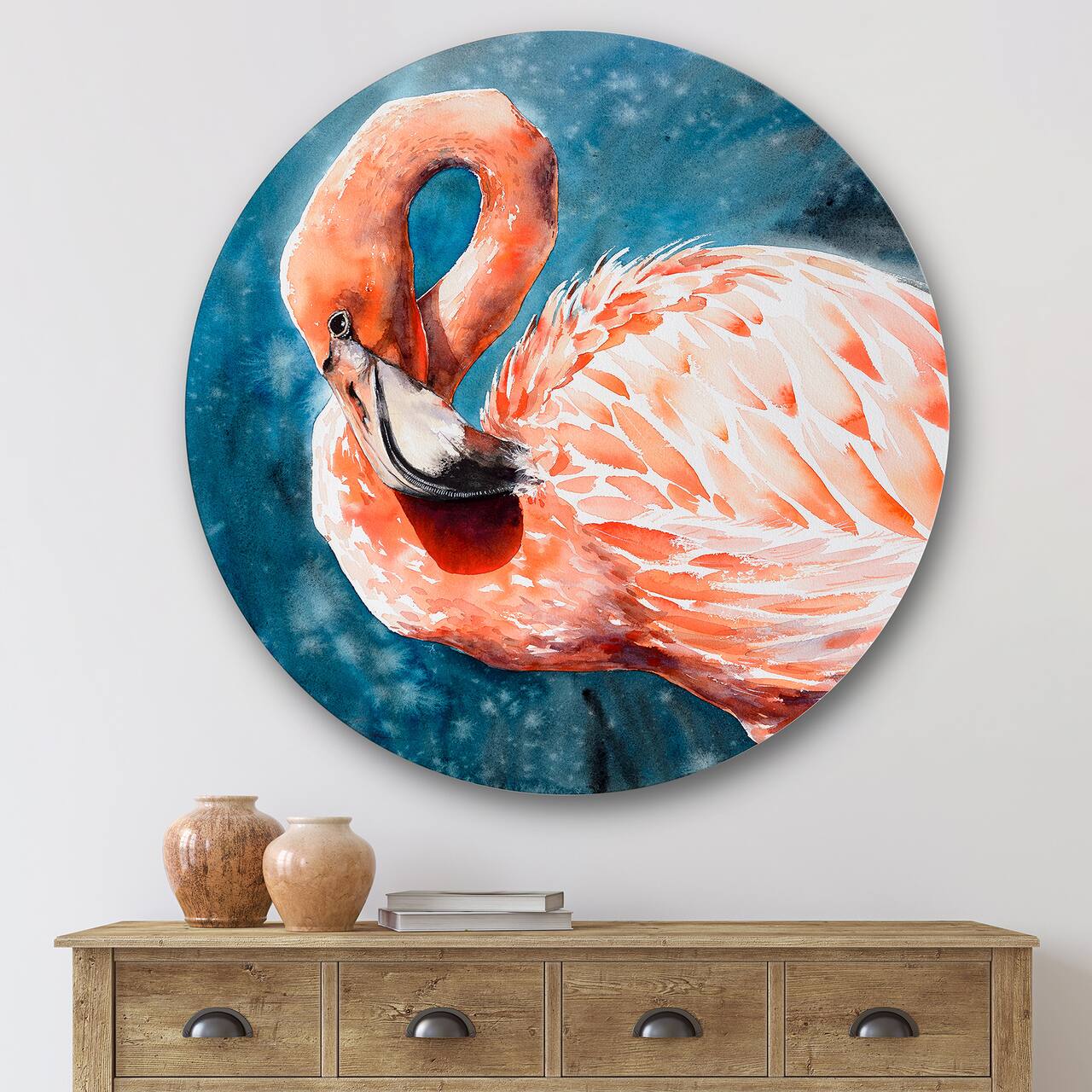 Designart - Pink Flamingos In Blue Water II - Farmhouse Metal Circle Wall Art